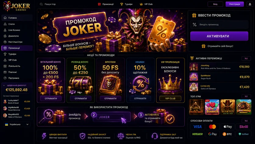 Страница промокодов Joker казино с полем активации кода и схемой из трёх шагов