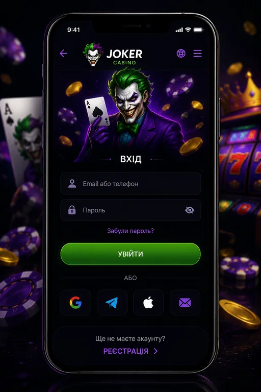The Joker Casino login form on a phone screen with email or phone and password fields and a Log in button