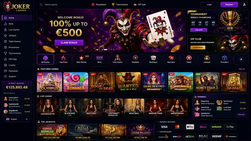 The Joker Casino home page with its category sidebar, promotional banner and grid of popular slots