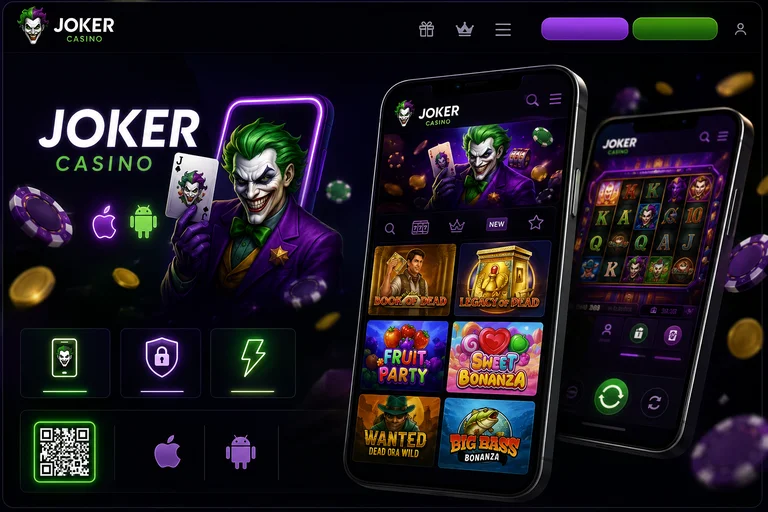 The Joker Casino mobile promo page showing catalogue and slot screens on smartphones