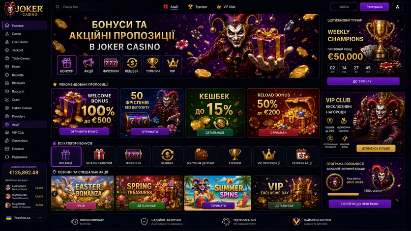 The Joker Casino promotions section with bonus categories and a loyalty programme panel