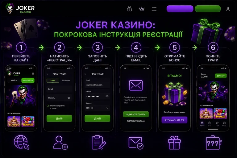 Инфографика регистрации в Джокер казино: шесть шагов от перехода на сайт до первой игры